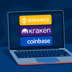 Illustration des principales plateformes pour acheter des cryptomonnaies en 2025 : Binance, Coinbase et Kraken dans un univers digital coloré.