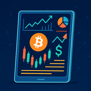 Illustration isom&eacute;trique moderne d&rsquo;une tablette affichant des graphiques crypto, chandeliers japonais color&eacute;s et ic&ocirc;nes de Bitcoin, symbolisant l&rsquo;actualit&eacute; crypto d&rsquo;avril 2025.