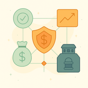 Texte alt : Illustration avec un bouclier, un sac d&rsquo;argent et une ic&ocirc;ne de croissance repr&eacute;sentant les services de pr&ecirc;t, emprunt et assurance en DeFi.