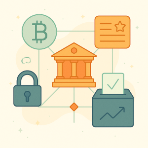 Ic&ocirc;nes repr&eacute;sentant un b&acirc;timent institutionnel, une bo&icirc;te de vote et un cadenas pour symboliser la gouvernance d&eacute;centralis&eacute;e des projets crypto.