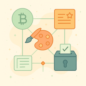 Image illustrant un pinceau, des documents et des ic&ocirc;nes blockchain pour repr&eacute;senter la cr&eacute;ation de contenu Web3 et la vente via NFT.