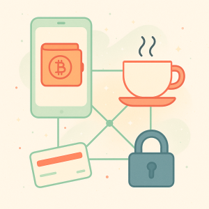 Illustration d&rsquo;un portefeuille crypto sur smartphone permettant d&rsquo;acheter un caf&eacute;, symbolisant l&rsquo;usage quotidien de la cryptomonnaie.