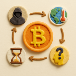 Illustration en pâte à modeler représentant cinq idées reçues sur les cryptomonnaies avec des symboles stylisés autour d’une pièce crypto centrale