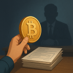 Main tendant une pièce de Bitcoin en direction d’un fonctionnaire flou en arrière-plan, symbolisant la déclaration fiscale des cryptomonnaies.