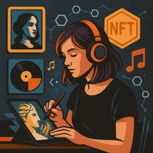 Illustration stylis&eacute;e d&rsquo;une cr&eacute;atrice num&eacute;rique entour&eacute;e d&rsquo;&eacute;l&eacute;ments artistiques et musicaux symbolisant la blockchain et les NFT