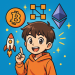 Illustration style manga d’un enfant découvrant les cryptomonnaies, la blockchain et le Bitcoin avec émerveillement.