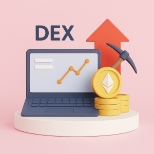 Illustration 3D repr&eacute;sentant un &eacute;change d&eacute;centralis&eacute; (DEX) avec un ordinateur portable, un graphique de trading, des pi&egrave;ces Ethereum et une pioche symbolisant l&rsquo;activit&eacute; sur la blockchain.
