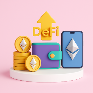 Infographie 3D repr&eacute;sentant les &eacute;l&eacute;ments cl&eacute;s de la finance d&eacute;centralis&eacute;e : pi&egrave;ces Ethereum, portefeuille num&eacute;rique, smartphone et fl&egrave;che montante DeFi sur fond rose.