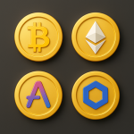 Illustration 3D de quatre pièces dorées représentant les cryptomonnaies Ethereum, Bitcoin, Chainlink et Aave, avec leurs logos respectifs colorés.