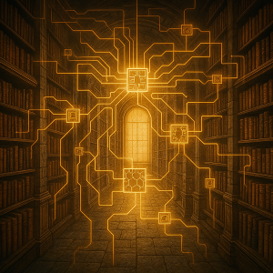 Illustration d&rsquo;une biblioth&egrave;que ancienne &eacute;clair&eacute;e par des flux lumineux symbolisant la circulation du savoir libre via la blockchain.