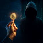 Illustration contrastée montrant d’un côté une main tenant une pièce de cryptomonnaie lumineuse, et de l’autre une silhouette sombre évoquant la méfiance envers la crypto.