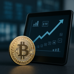 Bitcoin et graphique financier illustrant la croissance des ETF crypto.