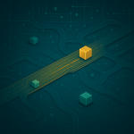 Illustration stylisée d’un réseau blockchain montrant une autoroute numérique (Layer 1) avec des blocs interagissant via des voies secondaires (Layer 2 et Layer 3), symbolisant l’architecture en couches des blockchains.