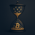 Visuel conceptuel d’un sablier où les symboles € et $ tombent et deviennent des fragments de Bitcoin, illustrant la préservation de valeur et le rôle refuge du BTC dans le temps.