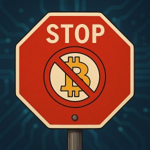 Panneau STOP avec un symbole Bitcoin barr&eacute;, illustrant les mises en garde exag&eacute;r&eacute;es contre les cryptomonnaies