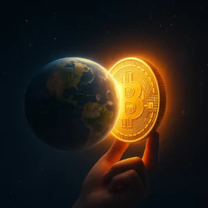 Illustration d'une &eacute;clipse vue depuis la Lune o&ugrave; la Terre masque une pi&egrave;ce de Bitcoin brillante &agrave; la place du Soleil, symbole de l'adoption crypto dans le monde.