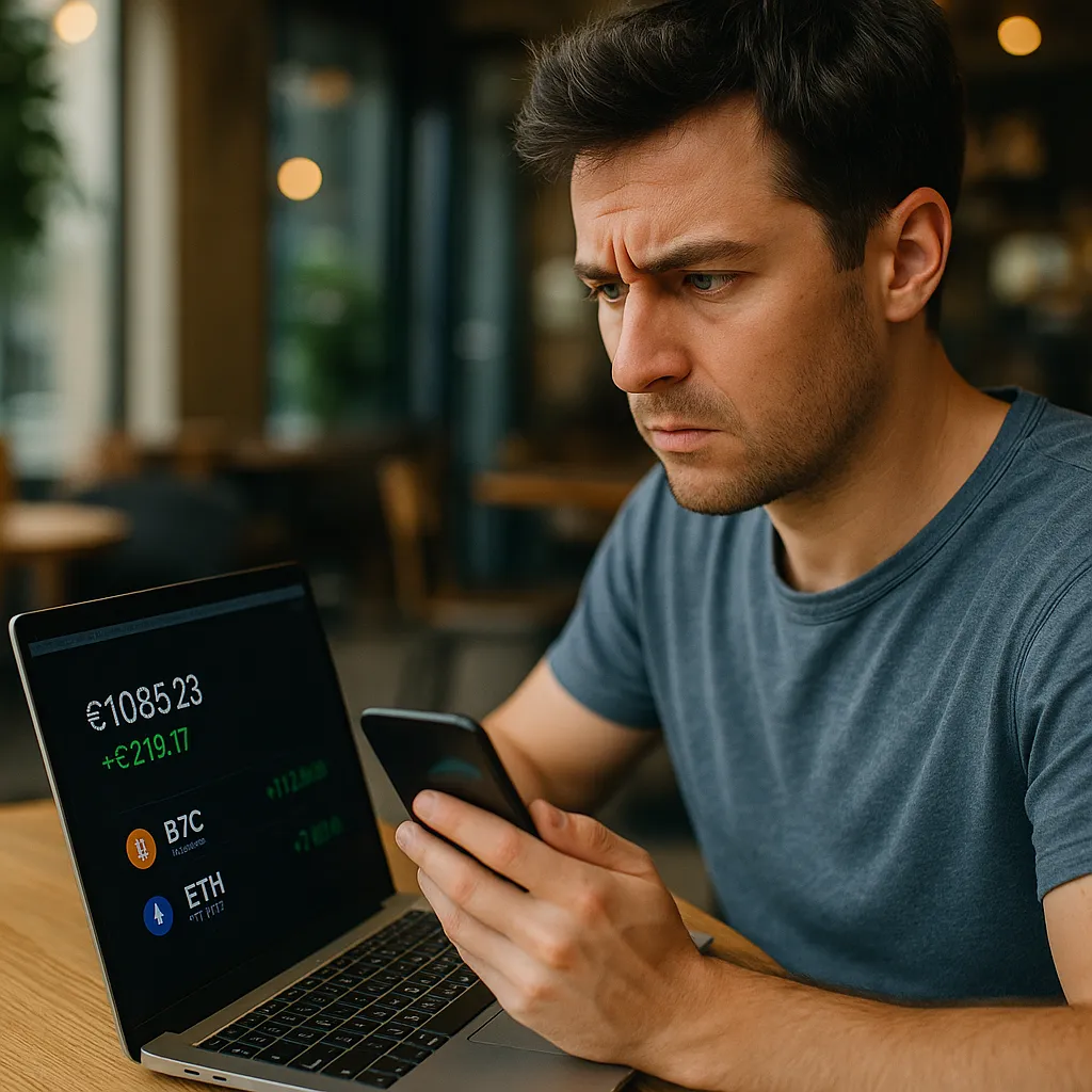Un homme dans un café regarde son ordinateur portable affichant un portefeuille crypto avec des gains en Bitcoin et Ethereum, l'air surpris et sceptique.