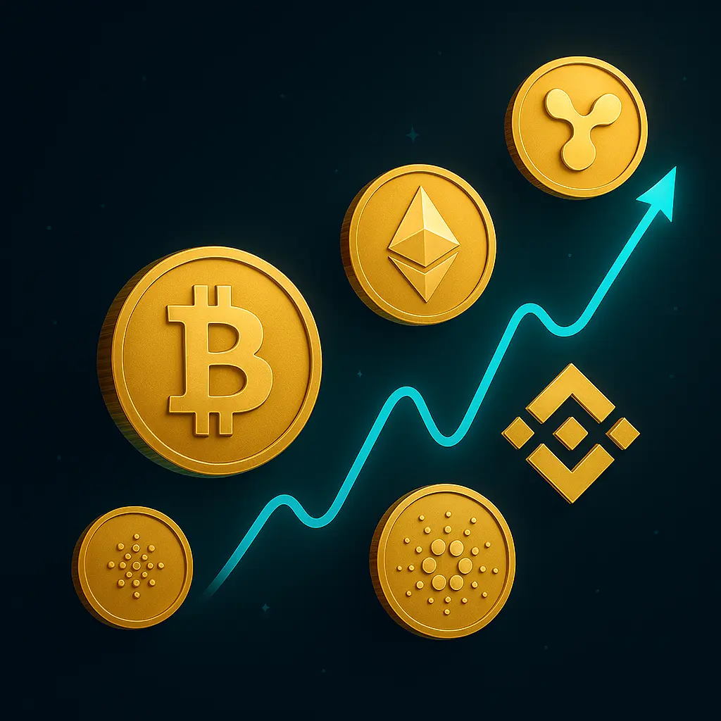 Illustration réaliste montrant la croissance des cryptomonnaies avec Bitcoin, Ethereum, Binance Coin, Ripple et Cardano en forte ascension
