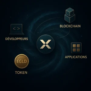 Illustration hyperr&eacute;aliste en 4K repr&eacute;sentant la galaxie MultiversX, avec le logo X au centre et les diff&eacute;rents &eacute;l&eacute;ments de son &eacute;cosyst&egrave;me gravitant autour, sur un fond spatial lumineux.