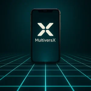 Perspective futuriste style Tron menant &agrave; un smartphone affichant le logo MultiversX sur une grille lumineuse n&eacute;on bleue