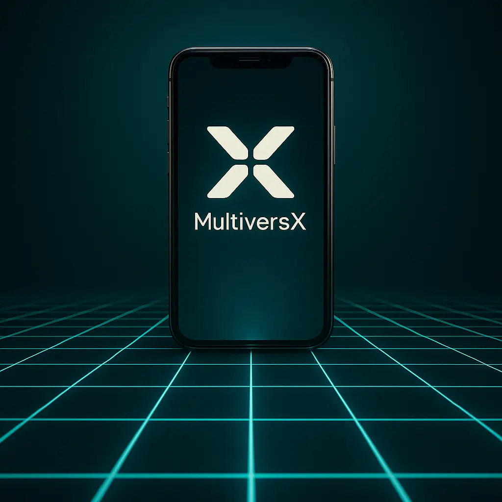 Perspective futuriste style Tron menant à un smartphone affichant le logo MultiversX sur une grille lumineuse néon bleue
