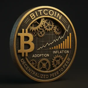 un Bitcoin stylis&eacute; vu en coupe, r&eacute;v&eacute;lant &agrave; l&rsquo;int&eacute;rieur des engrenages, graphiques, et donn&eacute;es &eacute;conomiques (inflation, adoption, halving).