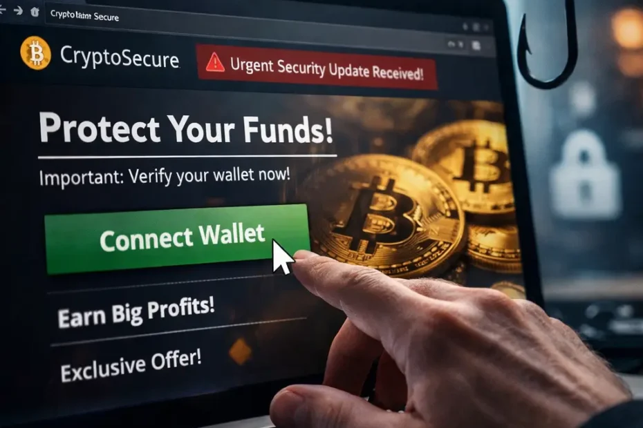 illustration d’un piège de phishing en cryptomonnaie avec un faux site