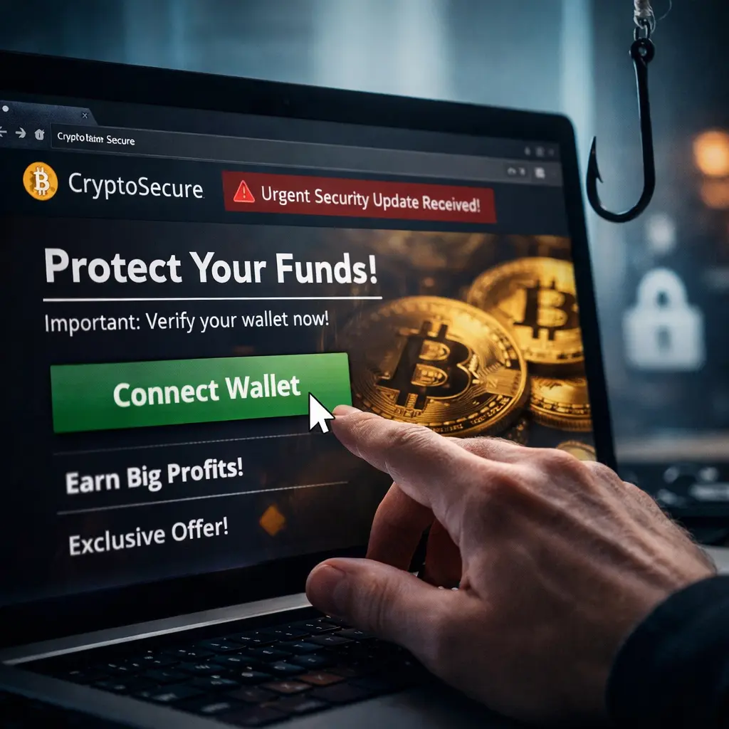 illustration d&rsquo;un pi&egrave;ge de phishing en cryptomonnaie avec un faux site